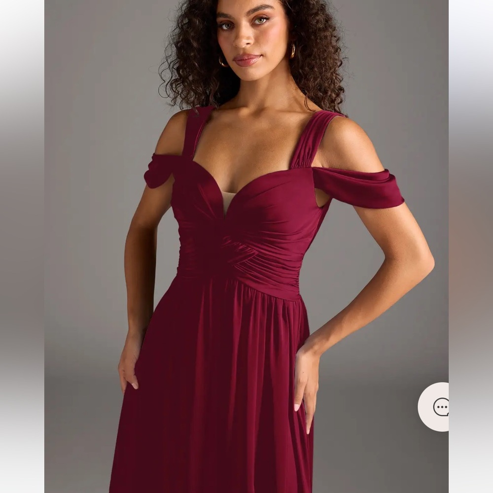 New with Tags AZAZIE LIANNE Burgundy‎ Off the Shoulder Stretch Satin Dress A18 - Picture 2 of 15